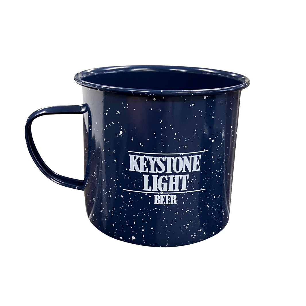 Navy blue speckled enamel mug with handle, featuring a white ‘Keystone Light Beer’ logo.