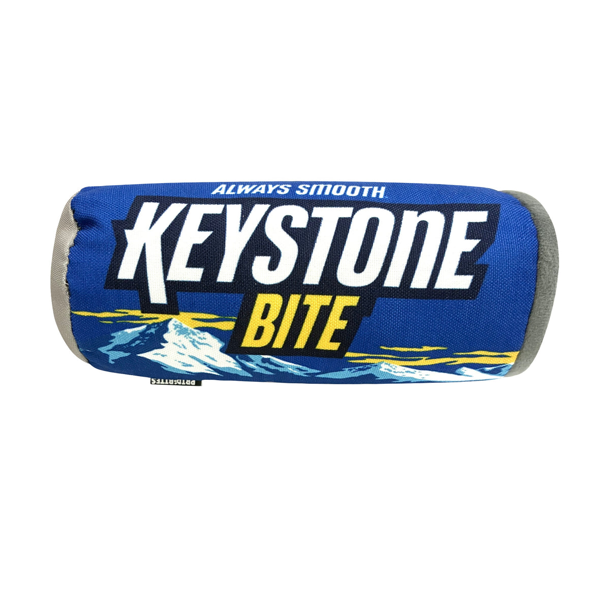 Keystone Bite dog chew toy in blue, featuring ‘Always Smooth’ branding and mountain illustration.