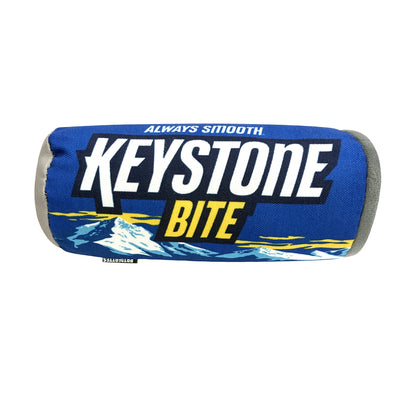 Keystone Bite dog chew toy in blue, featuring ‘Always Smooth’ branding and mountain illustration.