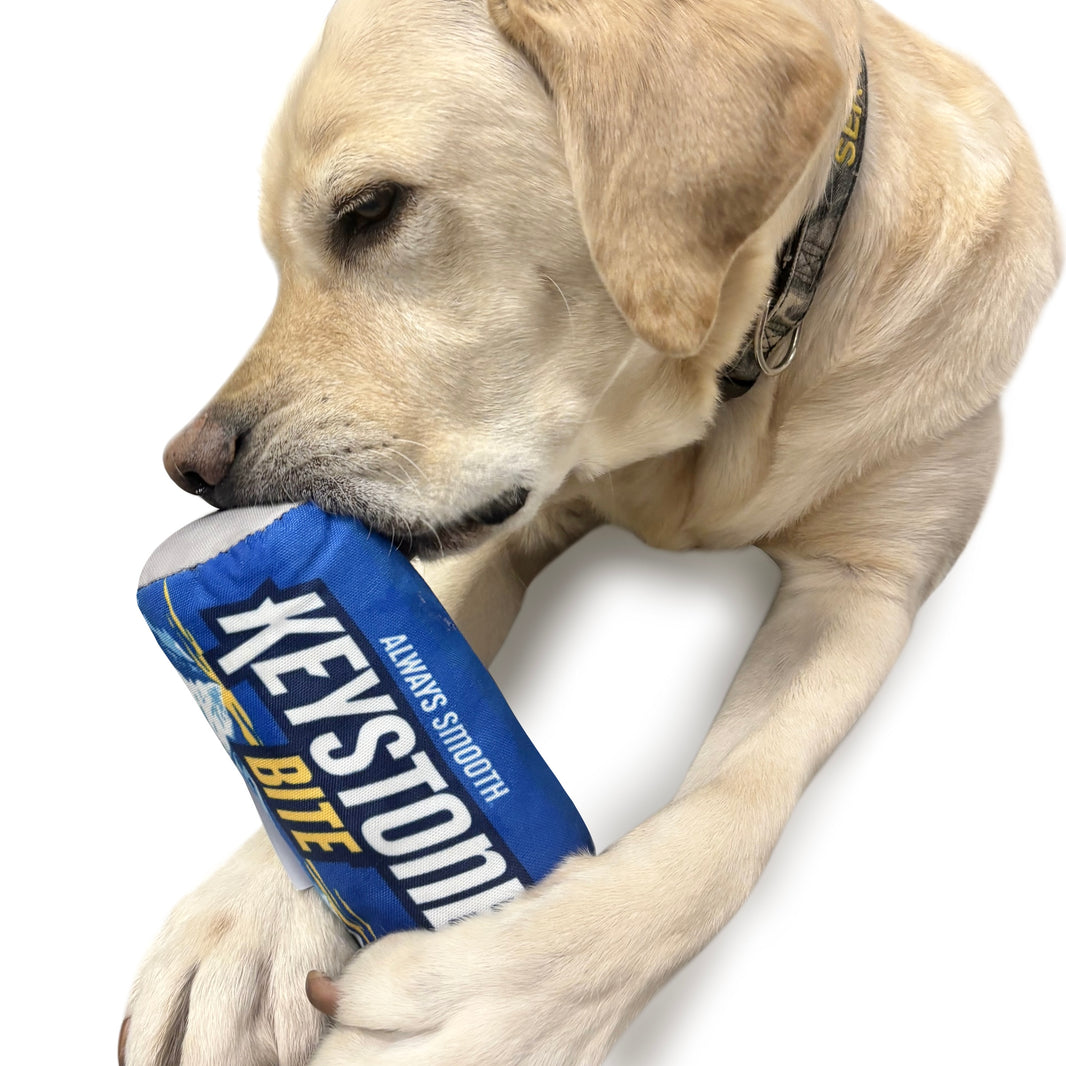 Dog holding and chewing a blue Keystone Bite toy labeled ‘Always Smooth’.